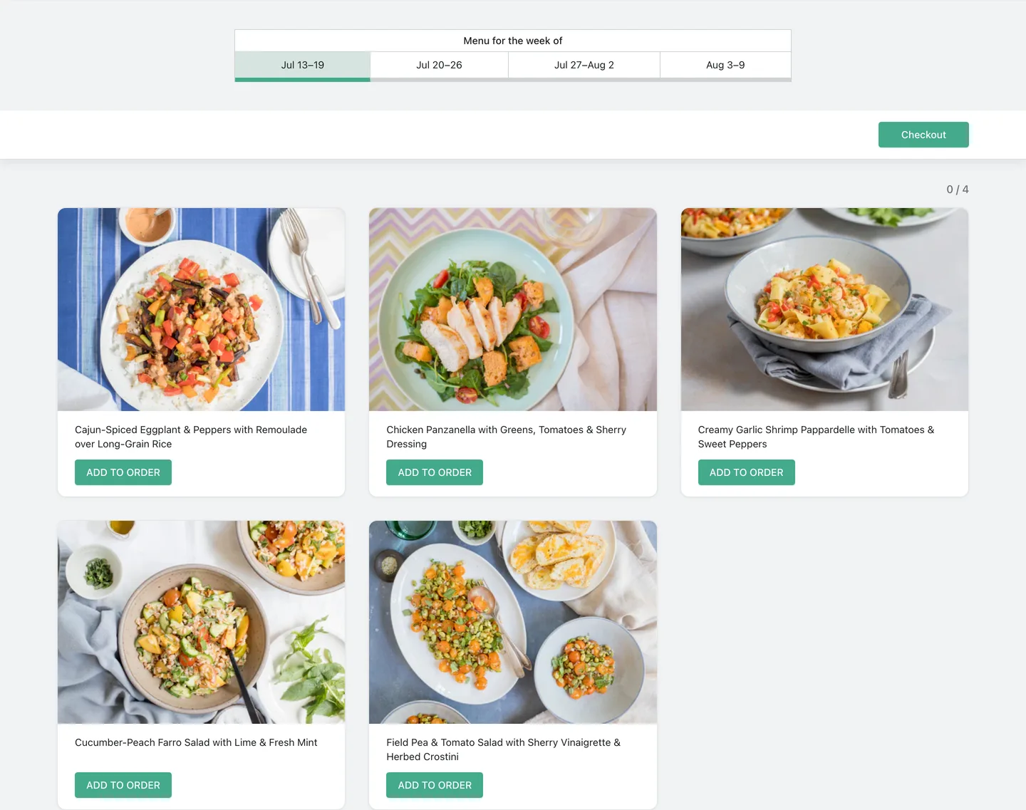 Customers picking meals from a weekly rotating menu on a Shopify storefront